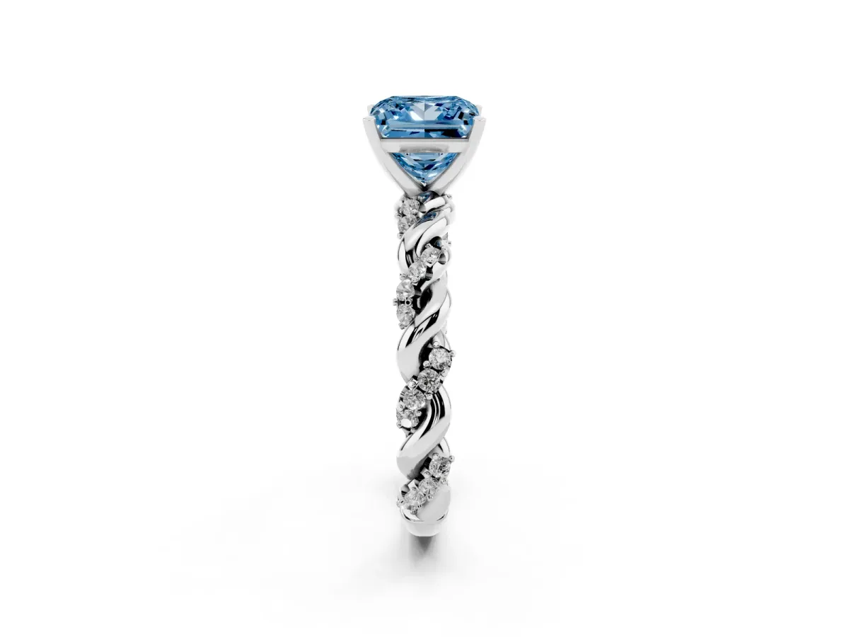 Fancy Blue Princess Cut Diamond Solitaire Ring with Twisted Band and Pavé Accents Silver