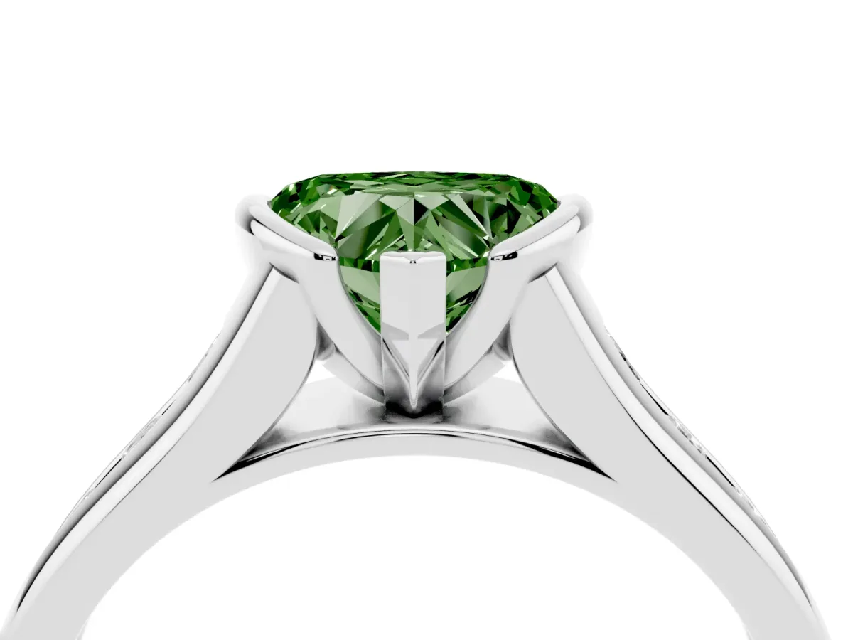 Fancy Green Heart Cut Solitaire Bezel-Set Diamond Ring with Channel-Set Band Silver