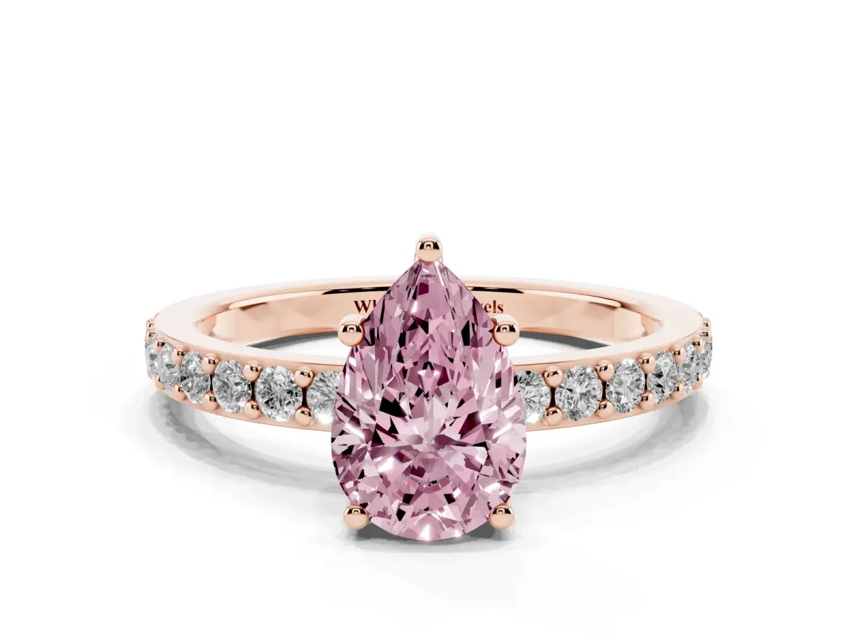 Fancy Pink Pear Cut Cut Diamond Solitaire with Pave Band and Four-Prong Setting Rose gold
