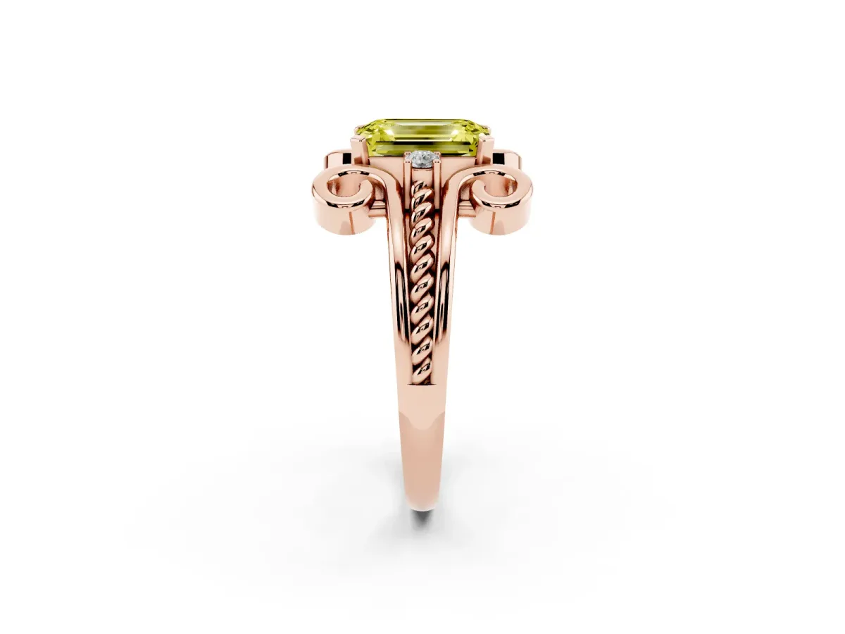 Fancy Yellow Emerald Cut Solitaire Twisted Band Scroll Prong Ring Rose gold