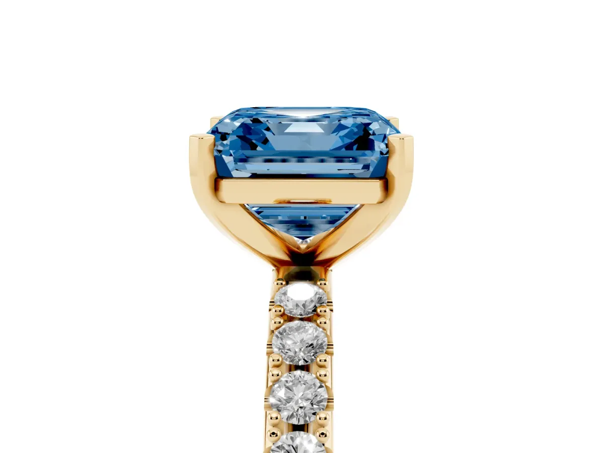 Fancy Blue Asscher Cut Diamond Solitaire Pavé Band with Four-Prong Setting Yellow gold