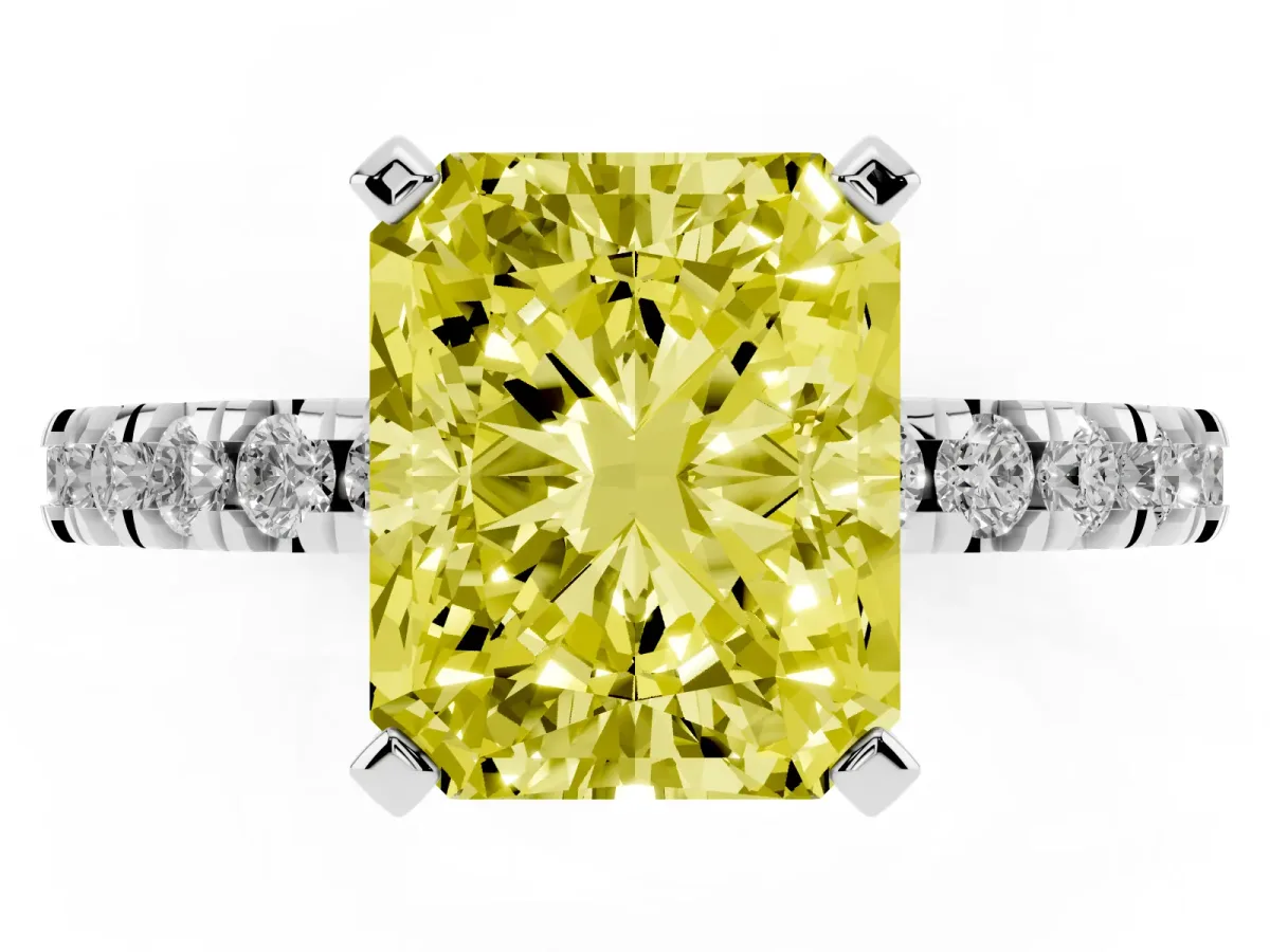 Fancy Yellow Radiant Cut Diamond Pavé Band Solitaire with Four-Prong Setting Silver