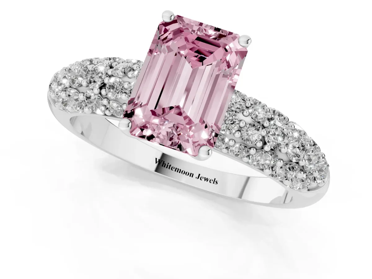 Fancy Pink Emerald Cut Diamond Pavé Band Solitaire Ring with Four-Prong Setting Platinum