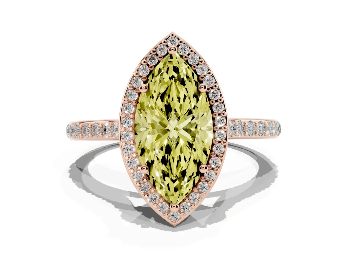 Fancy Yellow Marquise Cut Diamond Halo Engagement Ring with Round Pavé Shoulders and Prong Setting Rose gold