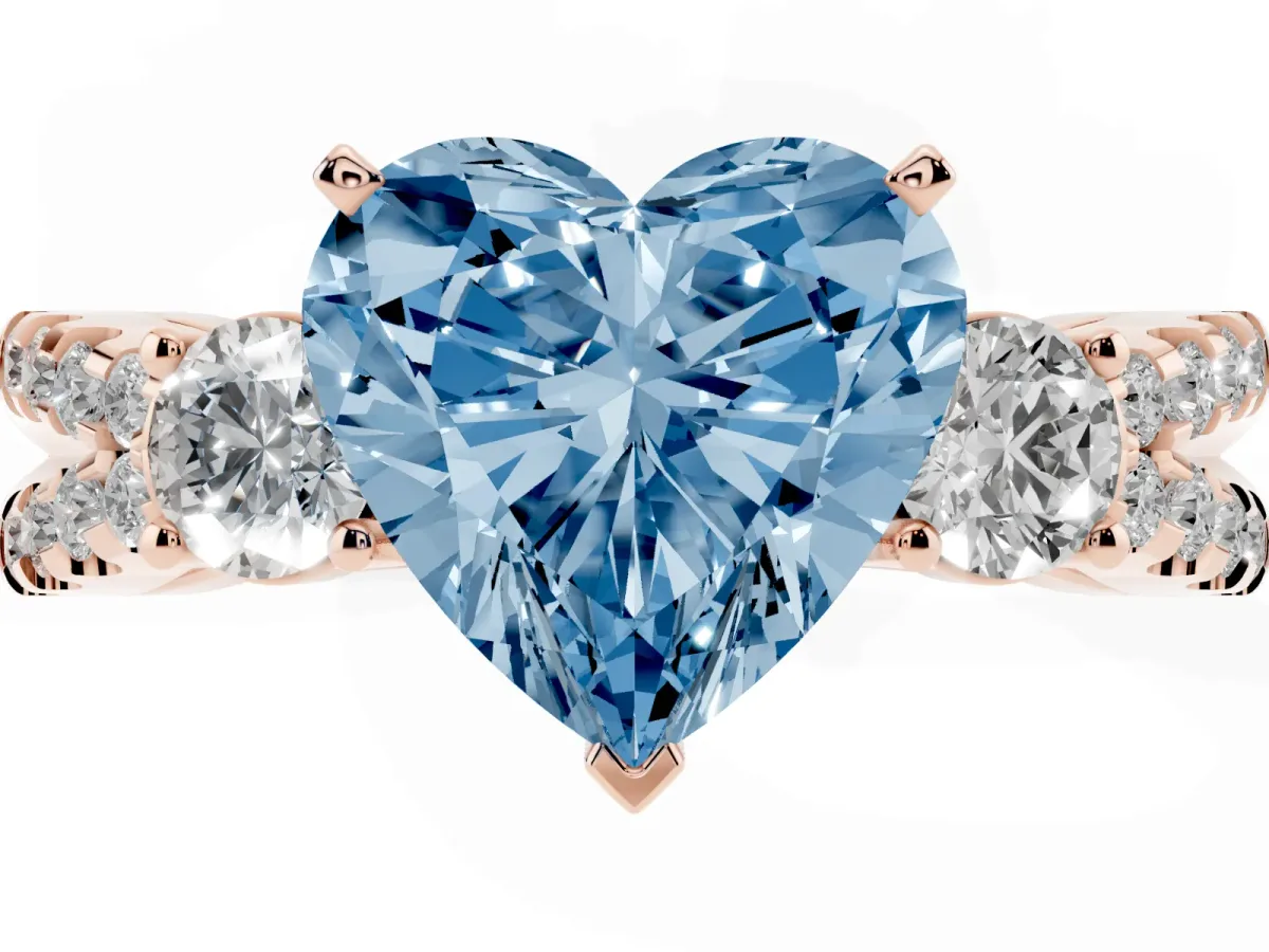 Fancy Blue Heart Cut Diamond Three-Stone Ring with Pavé Split Shank and Four-Prong Setting Rose gold