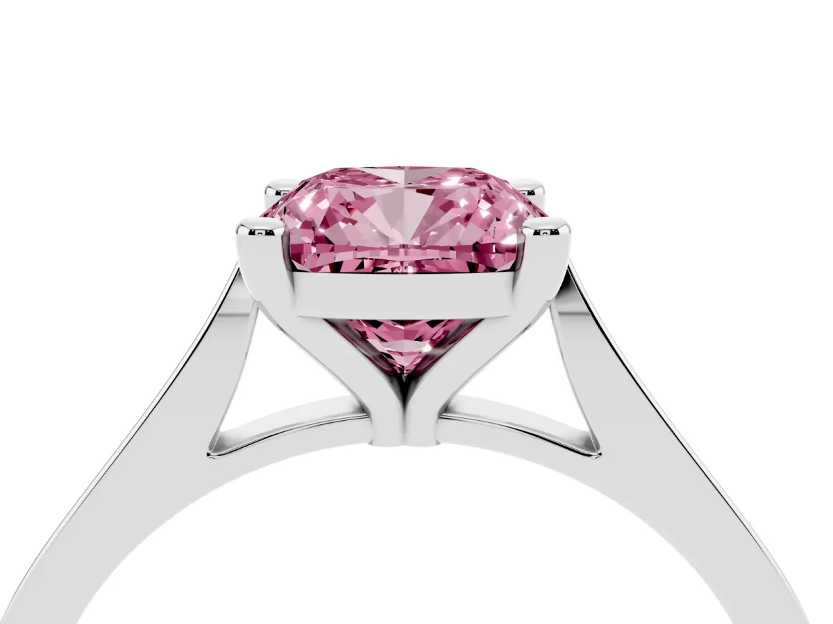Fancy Pink Cushion Cut Solitaire Diamond Ring with Four-Prong Setting and Tapered Band Silver