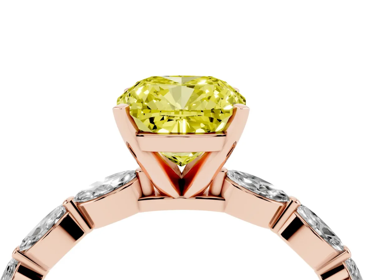 Fancy Yellow Cushion Cut Diamond Ring with Marquise Side Stones and Prong Setting Rose gold