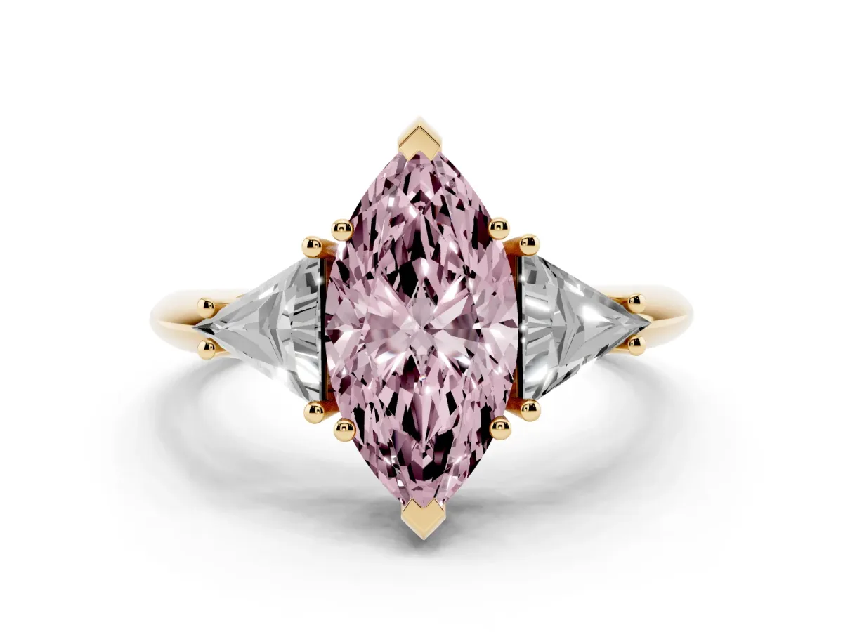 Fancy Pink Three-Stone Marquise Cut Diamond Engagement Ring with Trillion Side Stones and Prong Setting Yellow gold