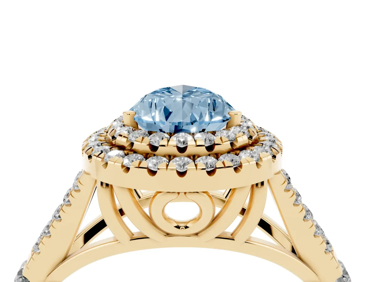 Fancy Blue Pear Cut Diamond Pavé Split Shank Double Halo Engagement Ring Yellow gold
