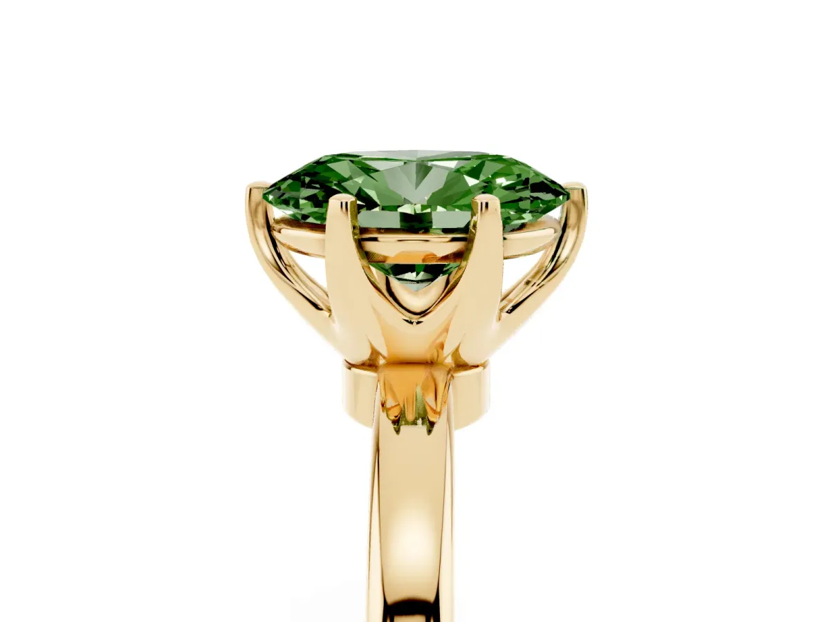Fancy Green Oval Cut Solitaire Diamond Ring with Six-Prong Setting on a Classic Band Yellow gold