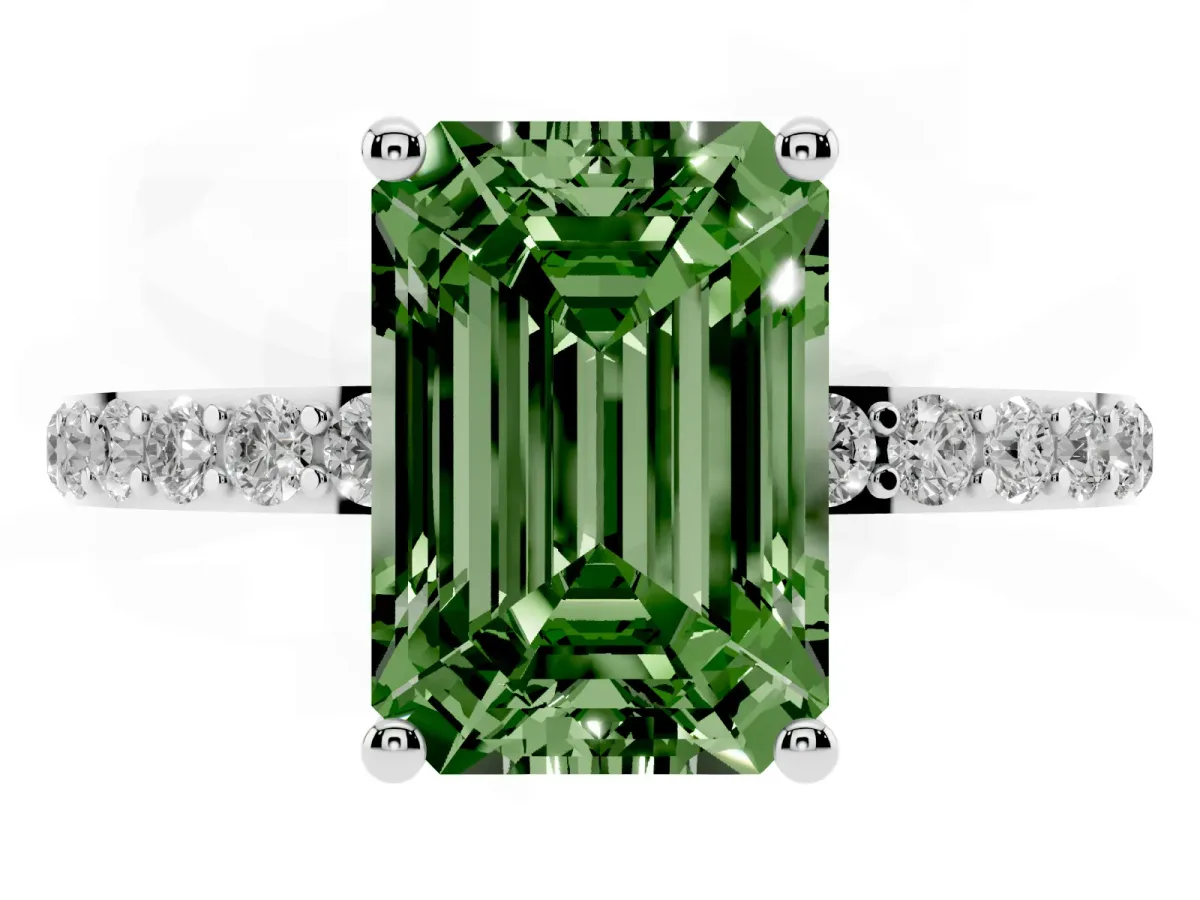 Fancy Green Emerald Cut Diamond Solitaire Ring with Round Pavé Shoulders and Prong Setting Silver