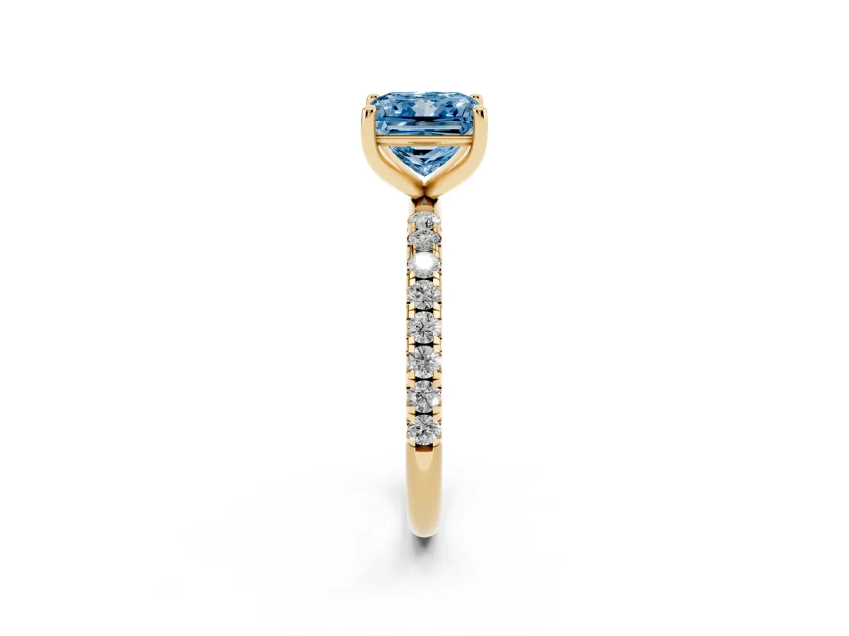 Fancy Blue Princess Cut Cut Diamond Solitaire Ring with Micro Pave Band and Four Prong Setting Yellow gold
