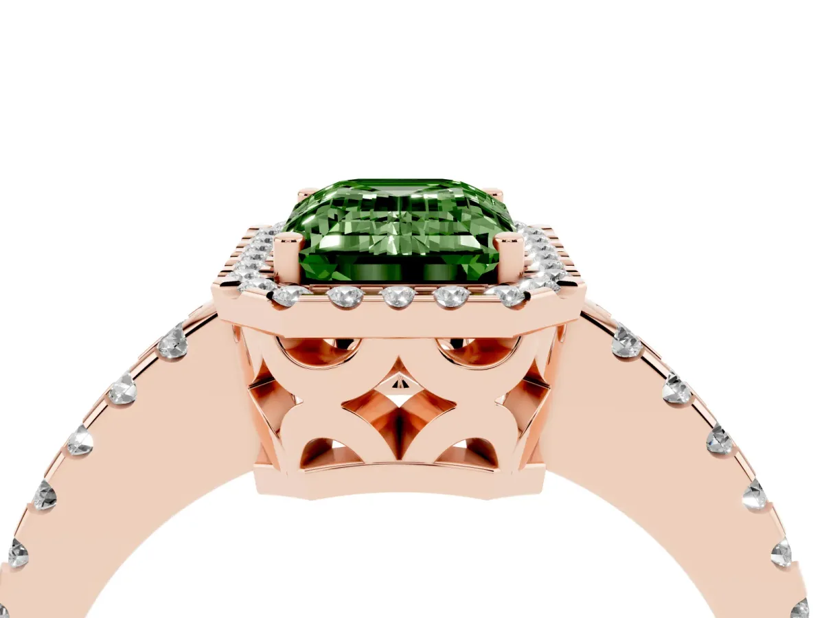 Fancy Green Emerald Cut Diamond Halo Engagement Ring with Pavé Band and Prong Setting Rose gold