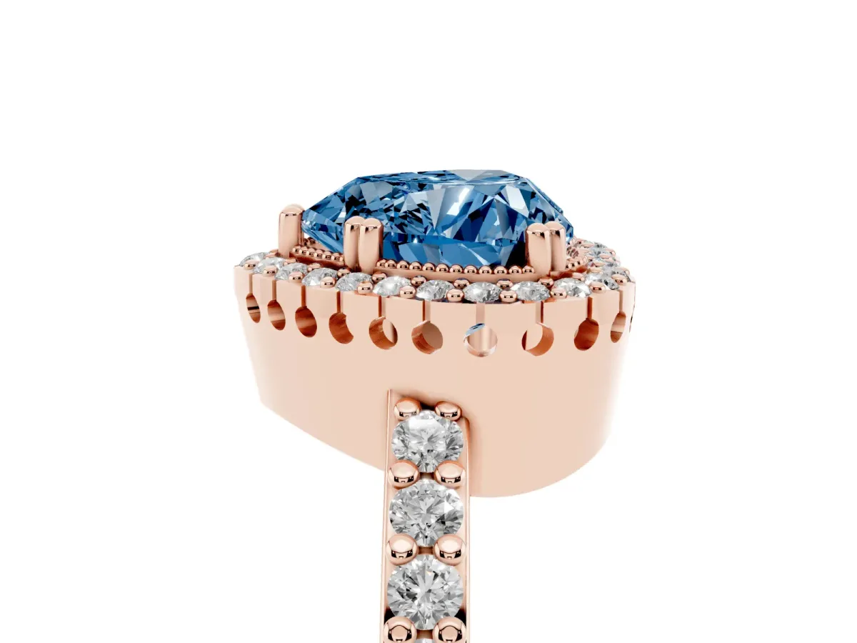 Fancy Blue Heart Cut Cut Diamond Halo Engagement Ring with Milgrain Detail and Pavé Band Rose gold
