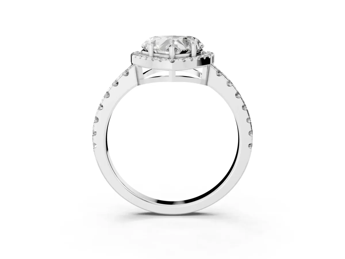 Heart Cut Diamond Halo Ring with Pavé Band and Four-Prong Setting White gold