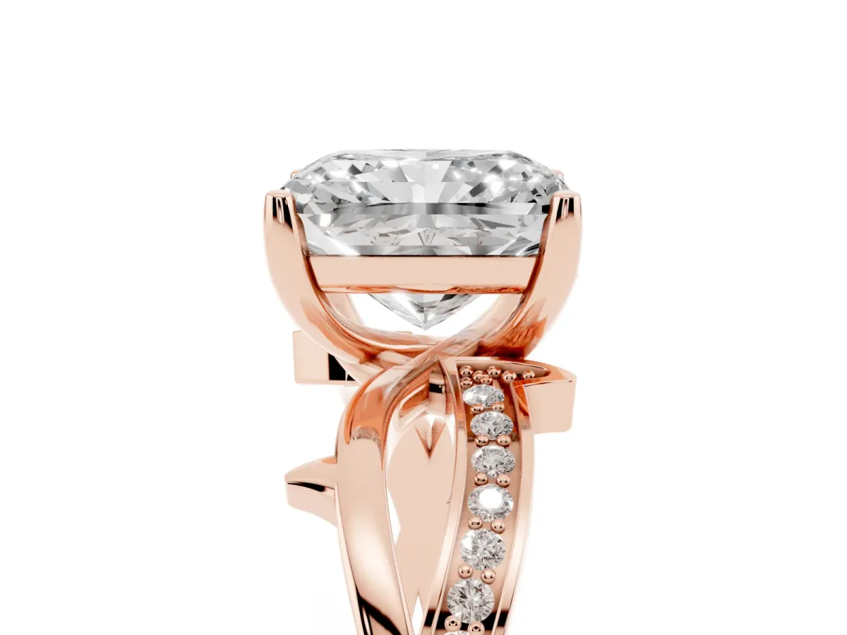 Radiant Cut Solitaire Twist Band with Pavé Accents and Four-Prong Setting Rose gold