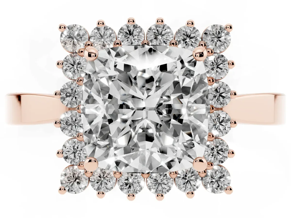 Cushion Cut Cut Diamond Halo Ring with Round Brilliant Halo and Solitaire Band Rose gold