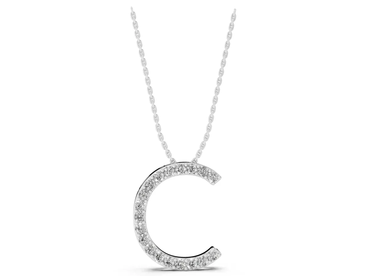 Round Diamond Pavé C Pendant Necklace Silver