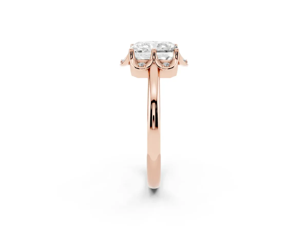 Radiant Cut Halo Diamond Ring with Round Cluster Setting, Solitaire Band, and Four-Prong Setting Rose gold