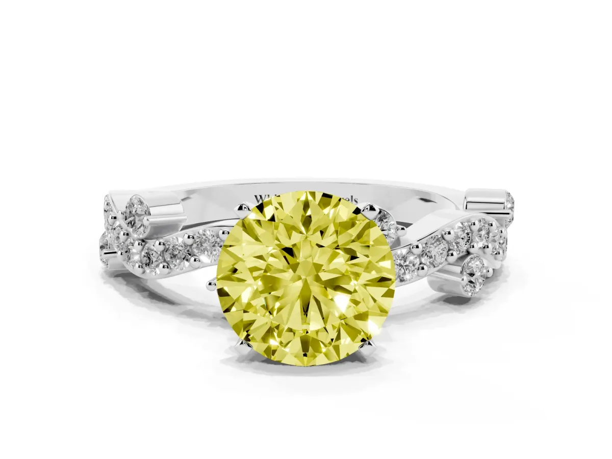 Fancy Yellow Round Cut Cut Solitaire Diamond Twisted Band with Pave Setting Silver