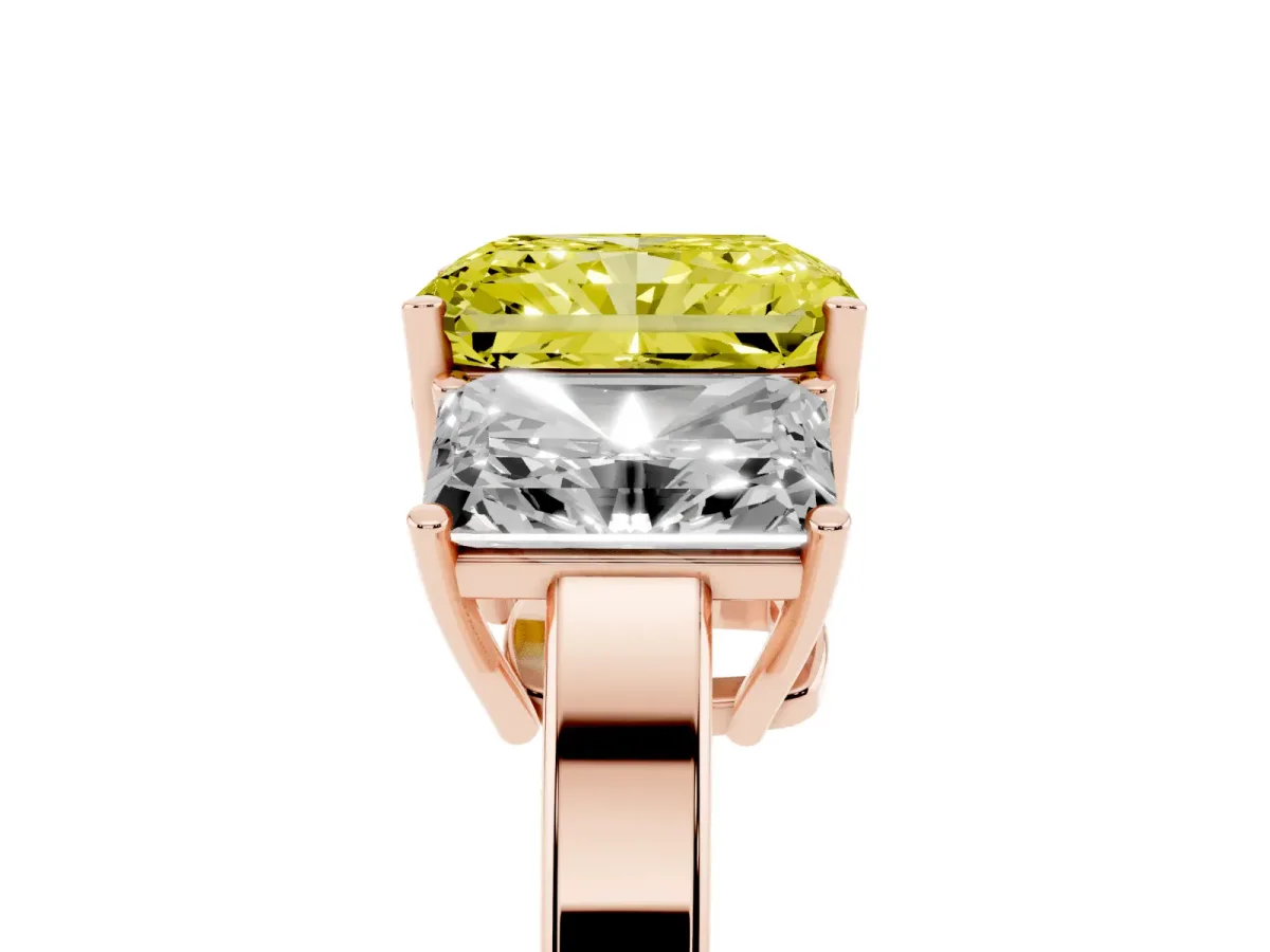 Fancy Yellow Three-Stone Radiant Cut Cut Diamond Engagement Ring with Flat Band and Four-Prong Setting Rose gold