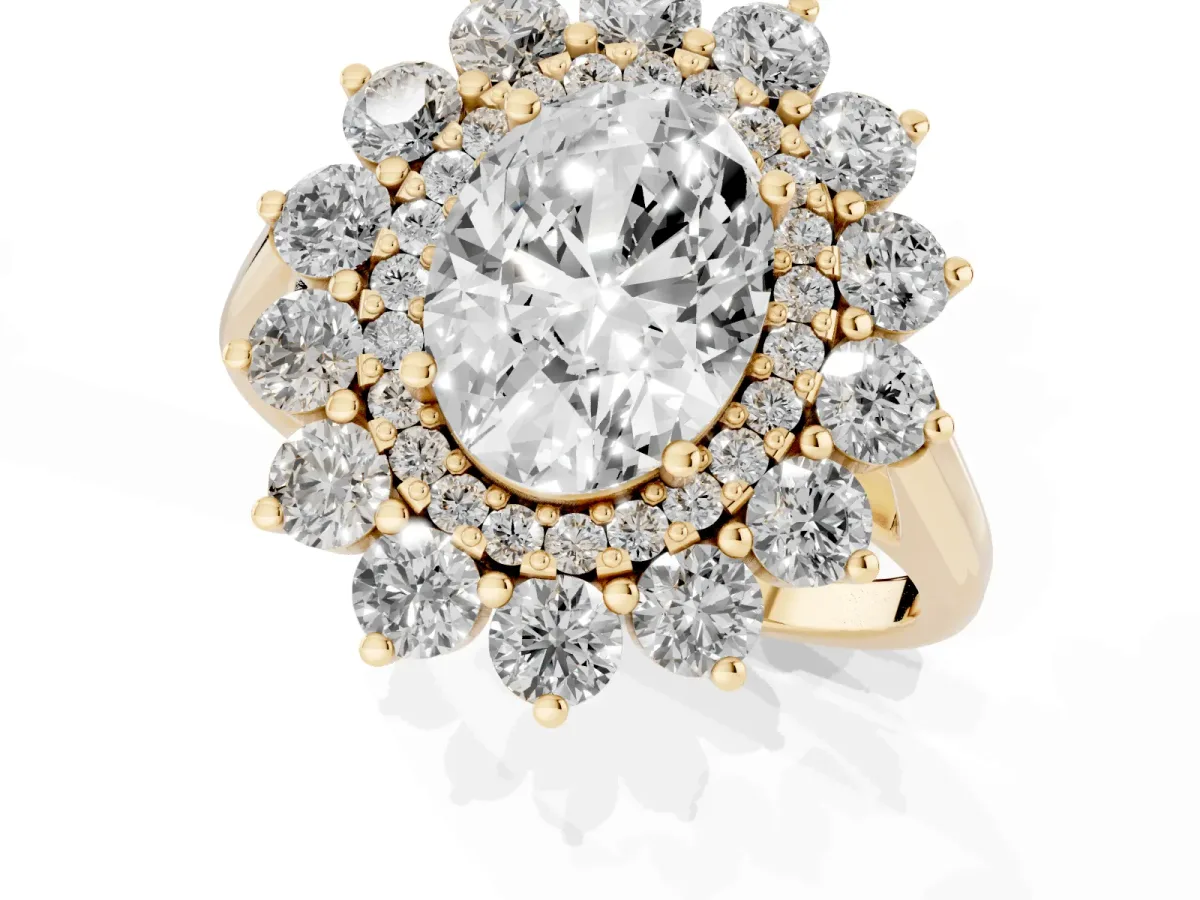 Oval Cut Diamond Floral Double Halo Engagement Ring with Prong Setting Yellow gold