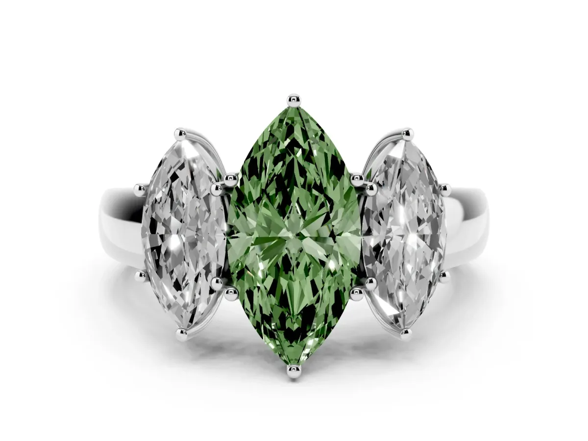 Fancy Green Three-Stone Marquise Cut Cut Diamond Ring with Prong Setting and Classic Band Silver