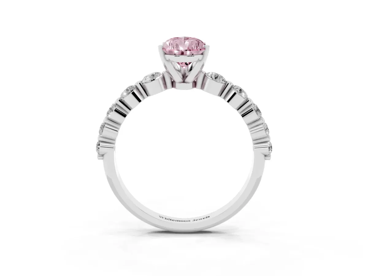 Fancy Pink Pear Cut Solitaire Diamond Ring with Pave Band and Four-Prong Setting Silver