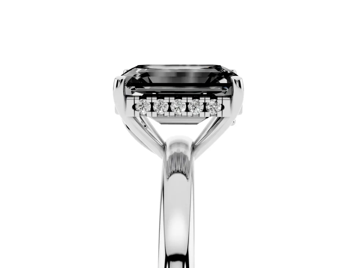 Fancy Black Emerald Cut Solitaire Diamond Ring with Prong Setting and Plain Band Silver
