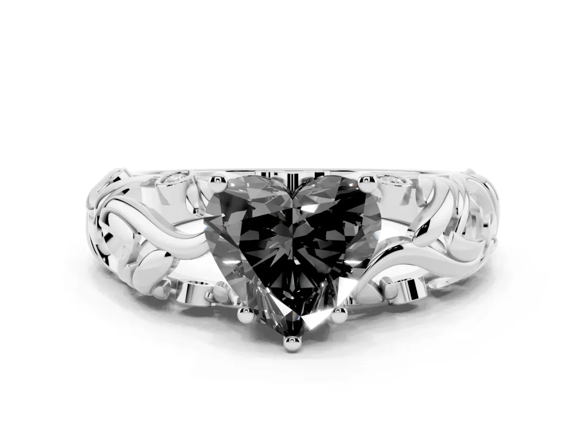Fancy Black Heart Cut Solitaire Diamond Leaf-Inspired Vine Band Ring with Prong Setting Silver