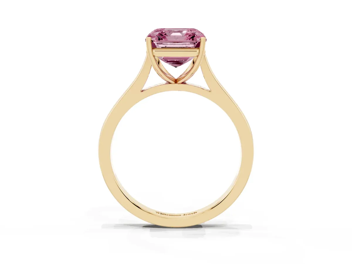 Fancy Pink Asscher Cut Solitaire Heart Prong Engagement Ring with Tapered Band Yellow gold