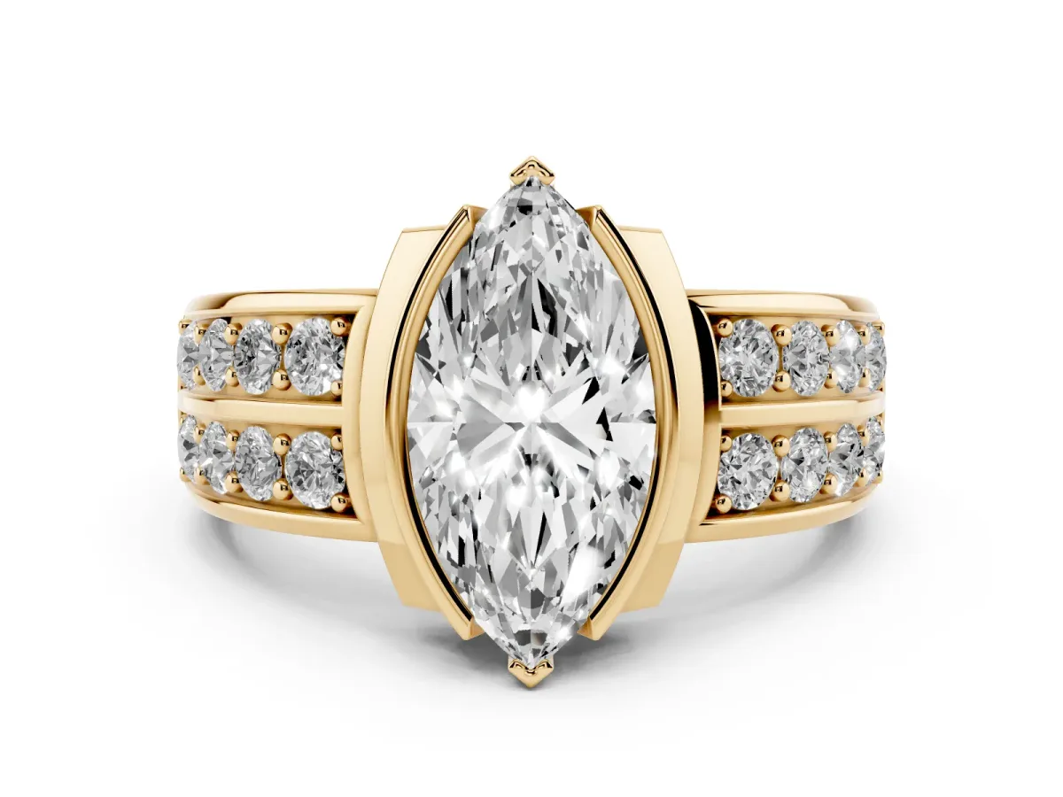 Marquise Cut Brilliant Diamond Channel Set Wide Band Ring with Bezel Setting Yellow gold