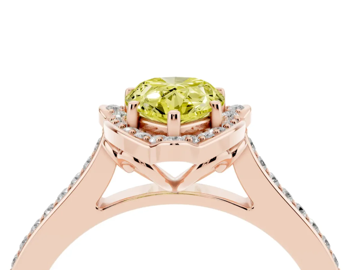 Fancy Yellow Pear Cut Halo Round Diamond Pave Band with Four-Prong Setting Rose gold