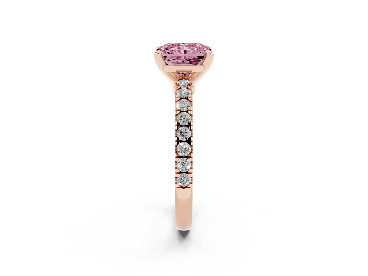 Fancy Pink Radiant Cut Solitaire Diamond with Pavé Band and Four-Prong Setting Rose gold