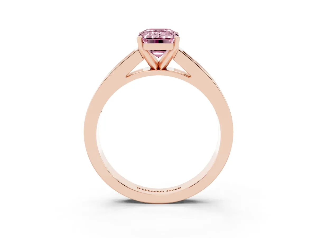 Fancy Pink Emerald Cut Solitaire Diamond Ring with Channel-Set Band and Four-Prong Setting Rose gold