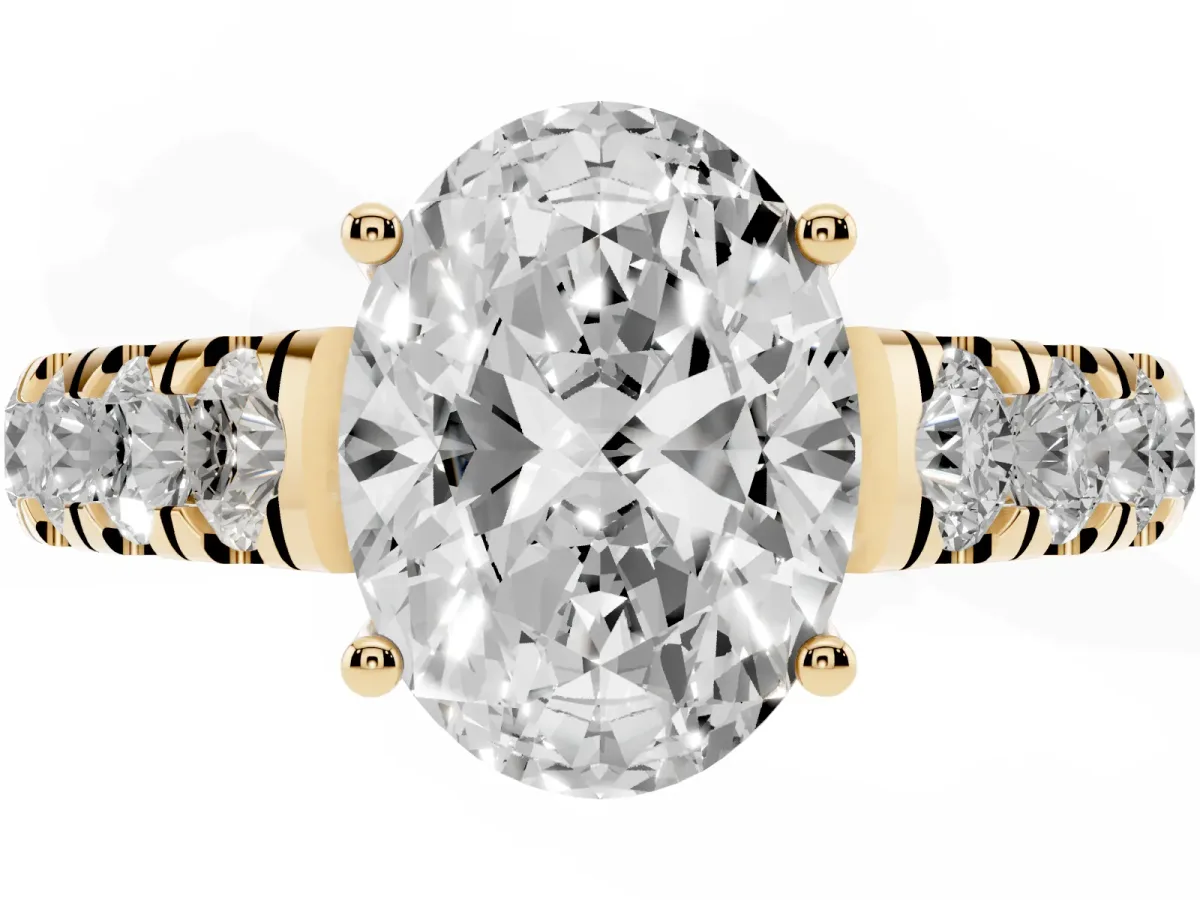 Oval Cut Cut Diamond Solitaire Ring with Micro Pave Band and Prong Setting Yellow gold