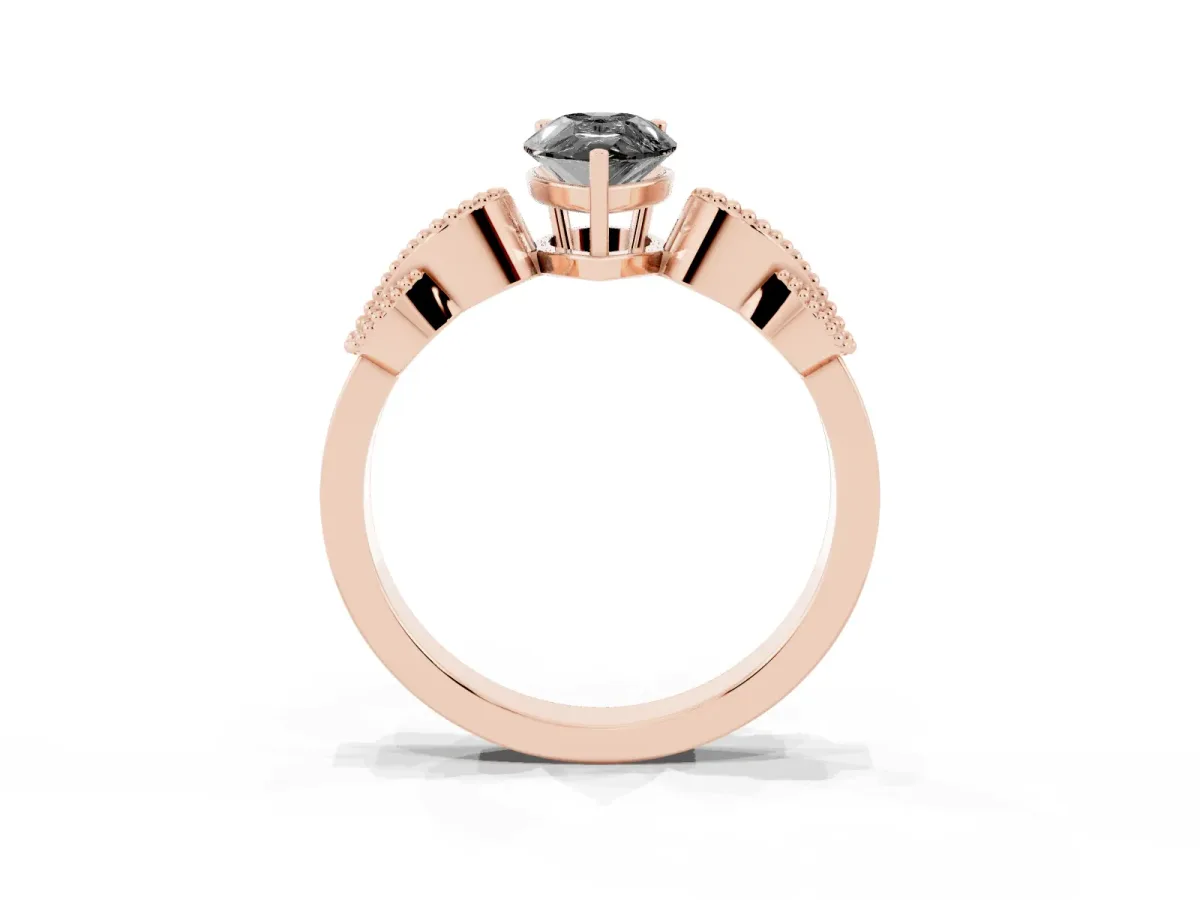 Fancy Black Pear Cut Solitaire Milgrain Leaf Band with Prong Setting Rose gold