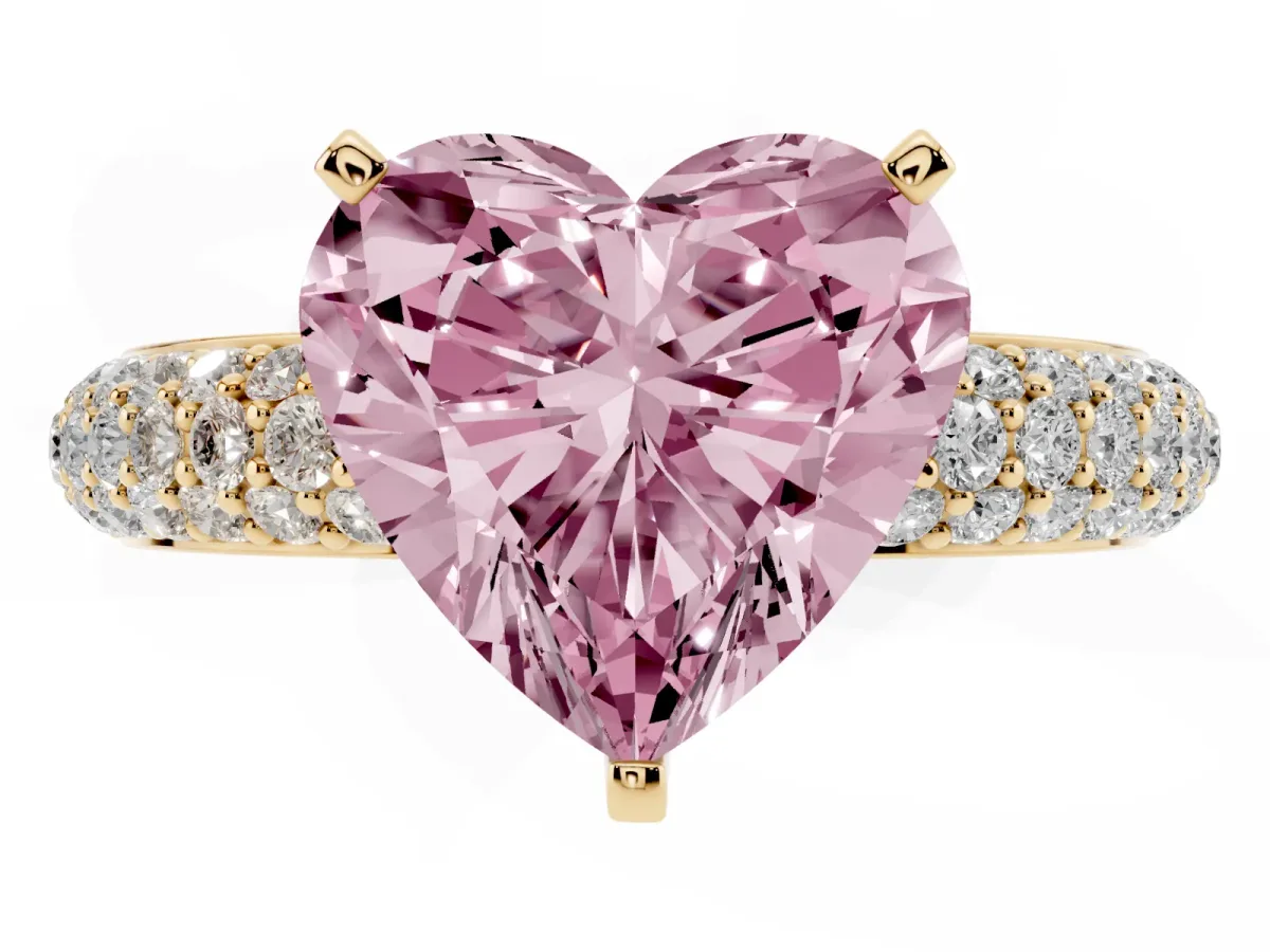 Fancy Pink Heart Cut Diamond Solitaire Ring with Prong Setting and Pavé Band Yellow gold