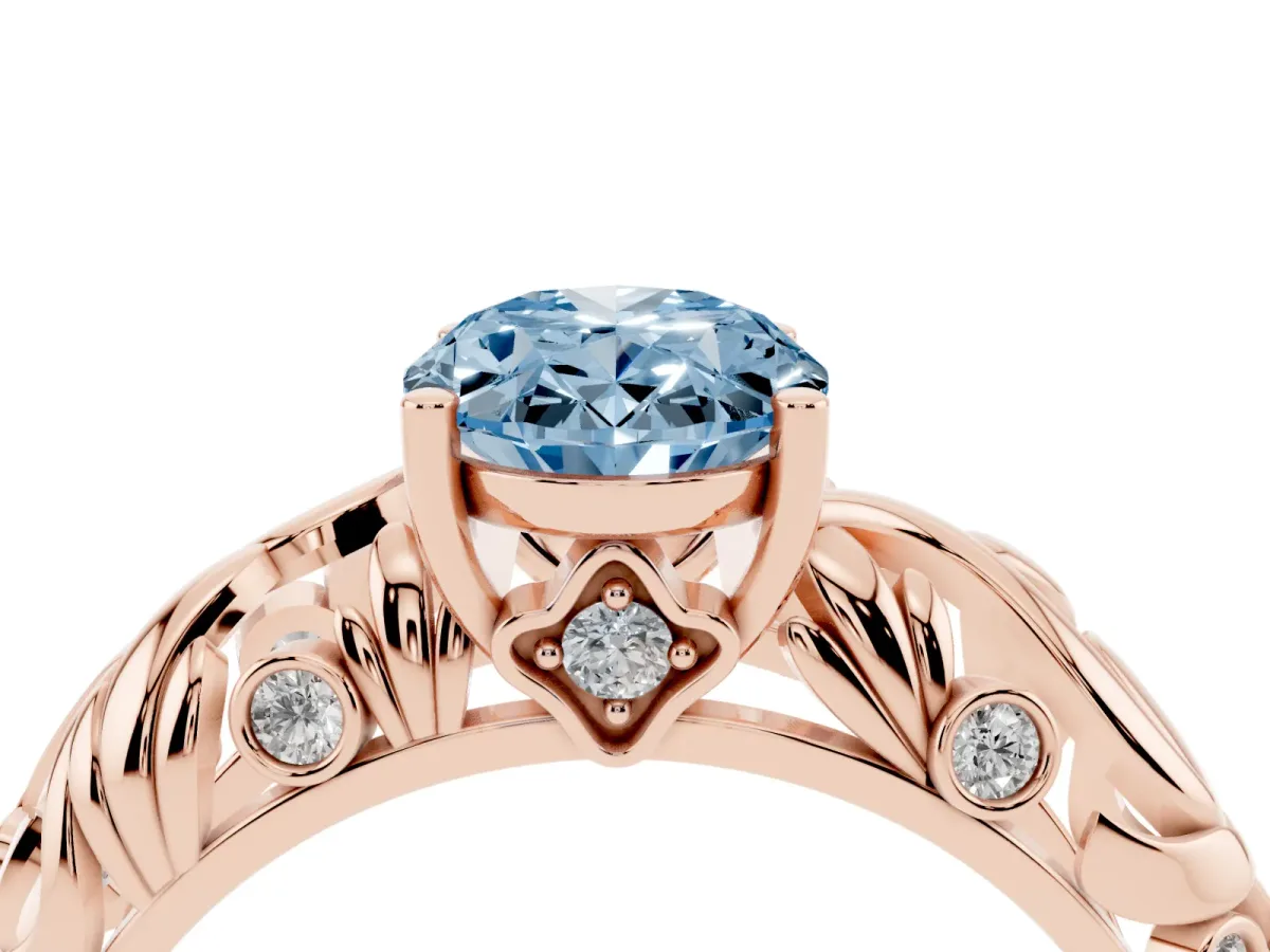 Fancy Blue Oval Cut Solitaire Diamond Leaf-Inspired Vine Band Ring with Prong Setting Rose gold