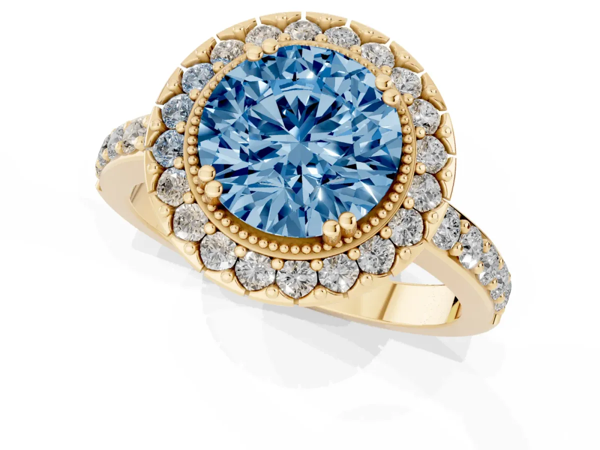 Fancy Blue Round Cut Diamond Halo Ring with Pavé Band and Prong Setting Yellow gold