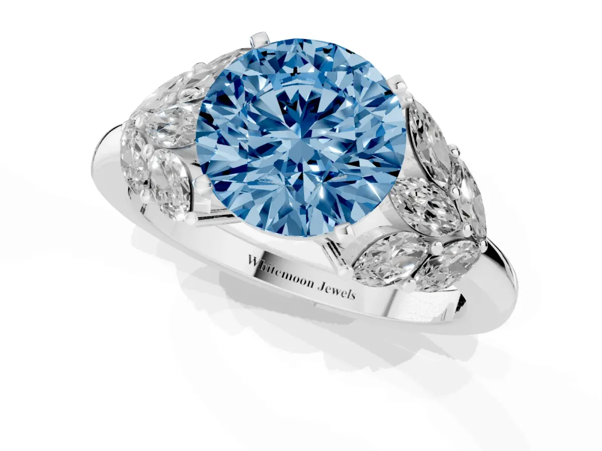 Fancy Blue Round Cut Diamond Cluster Leaf Design Ring with Prong Setting Silver