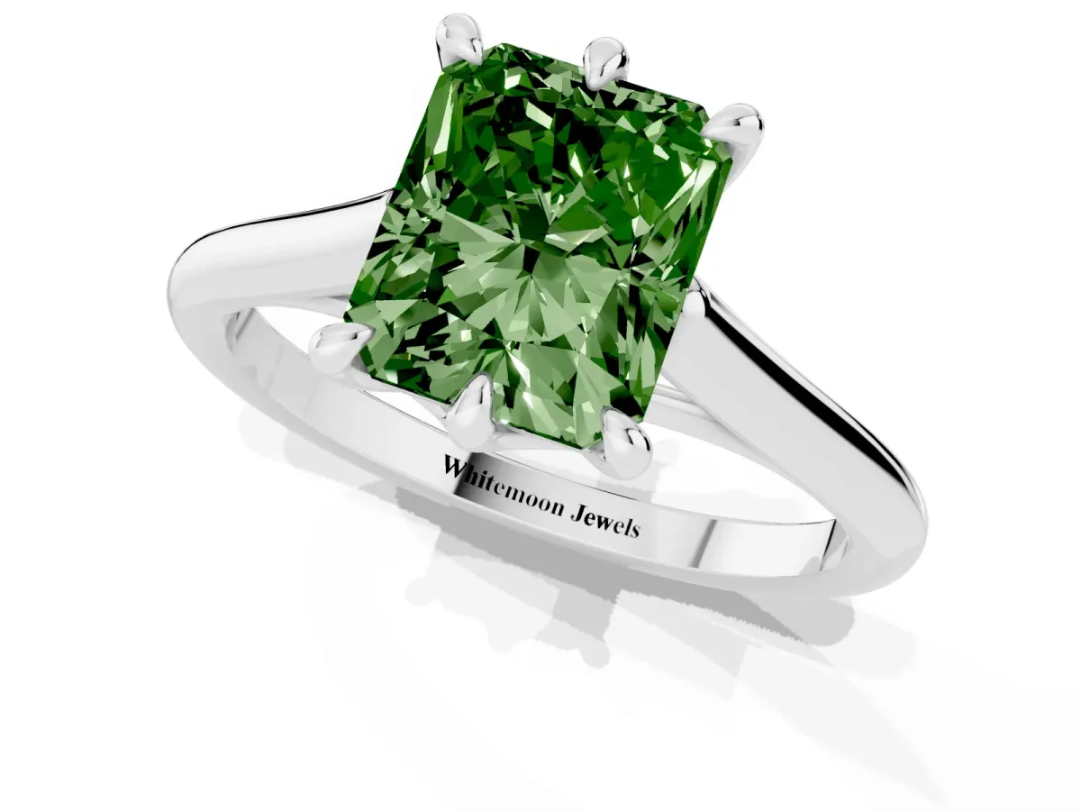 Fancy Green Radiant Cut Solitaire Engagement Ring with Six-Prong Setting and Classic Band Platinum