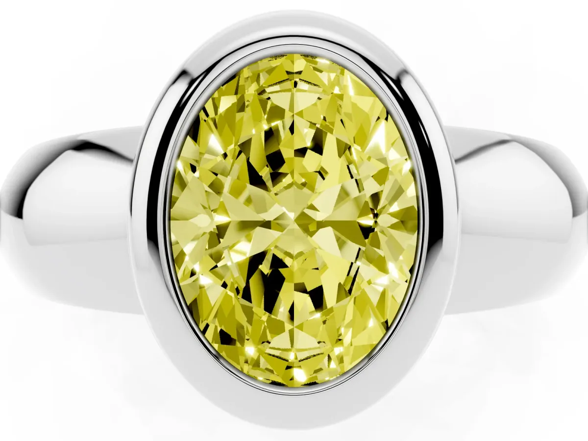 Fancy Yellow Bezel Set Oval Cut Solitaire Ring with Wide Band Platinum