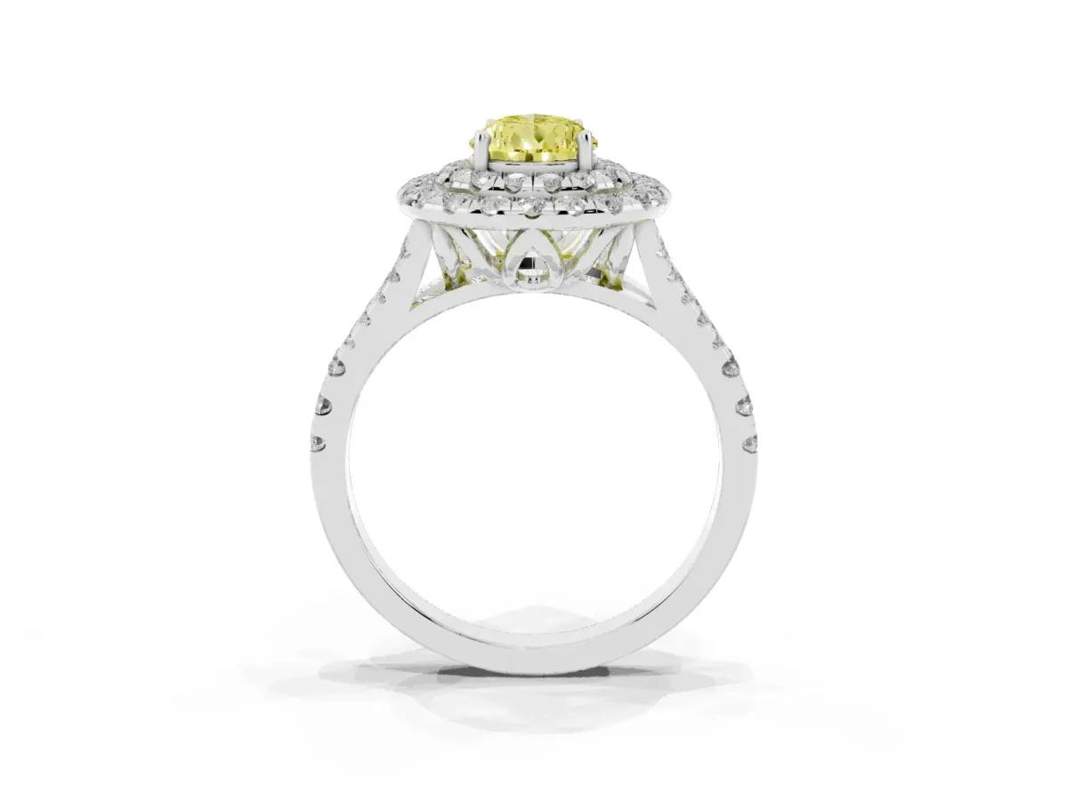 Fancy Yellow Double Halo Pear Cut Diamond Pavé Split Shank Ring with Prong Setting White gold