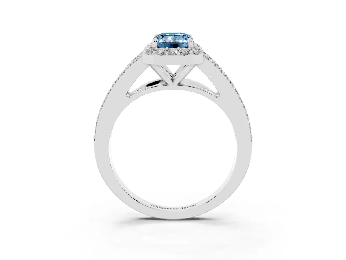 Fancy Blue Emerald Cut Halo Split Shank Diamond Ring with Prong Setting Platinum