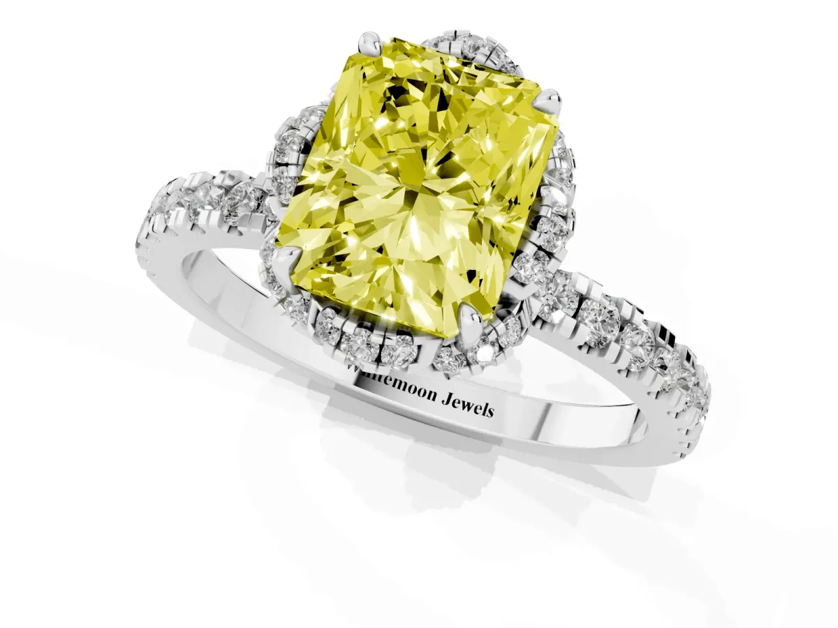 Fancy Yellow Radiant Cut Diamond Halo Pave Band with Four-Prong Setting White gold