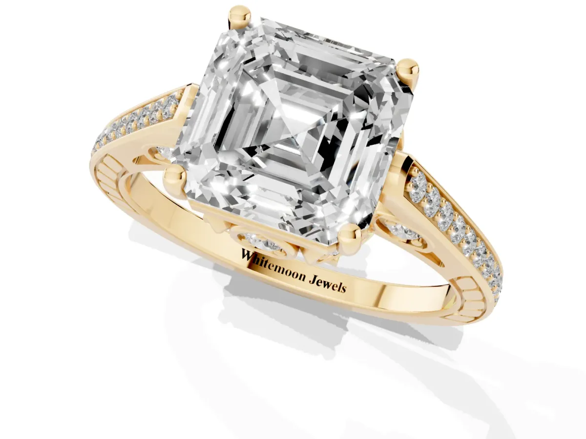 Asscher Cut Cut Cathedral Pave Diamond Engagement Ring with Six-Prong Setting Yellow gold