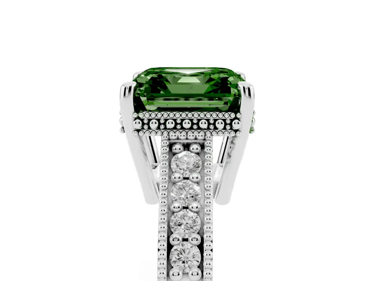 Fancy Green Asscher Cut Solitaire Pavé Diamond Milgrain Engagement Ring with Four-Prong Setting Silver