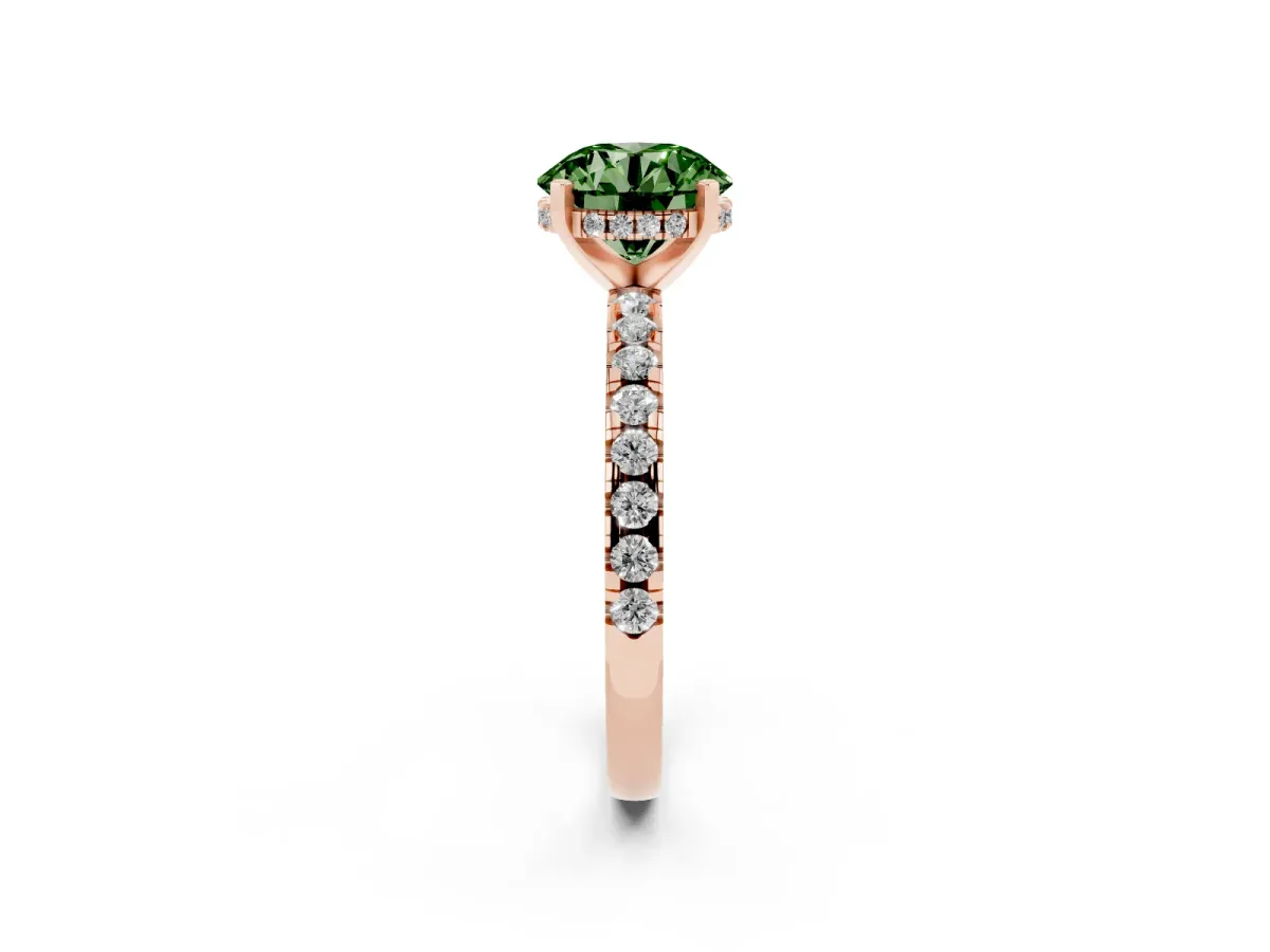 Fancy Green Round Cut Diamond Solitaire Ring with Round Pavé Band and Four-Prong Setting Rose gold