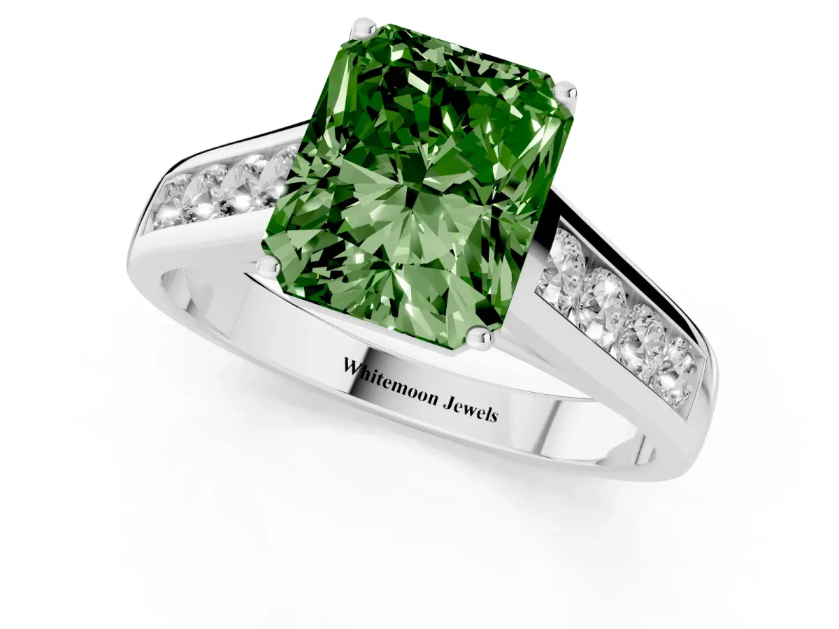 Fancy Green Radiant Cut Solitaire Channel-Set Diamond Engagement Ring with Four-Prong Setting Silver